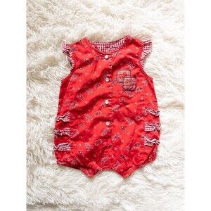 Vintage Baby Red Paisley Snap Button Down Romper Onesie 100% Cotton Simply Basic